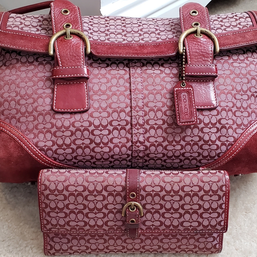 Dark Red Coach logo large sized purse and wallet
